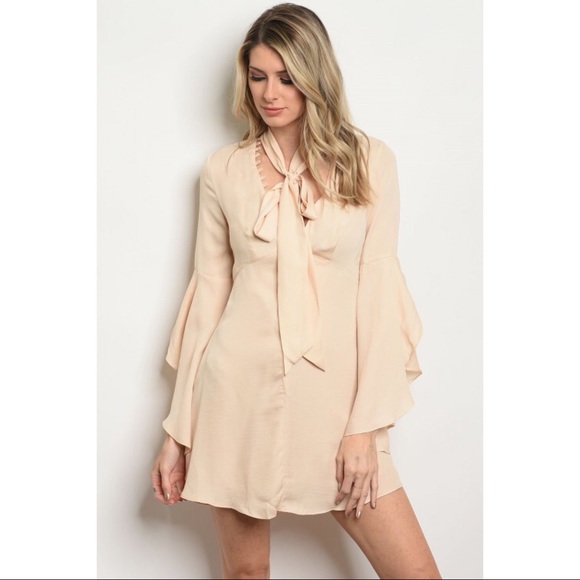 SALES ❗️Nude Neck Tie Satin Short Dress - Picture 2 of 4